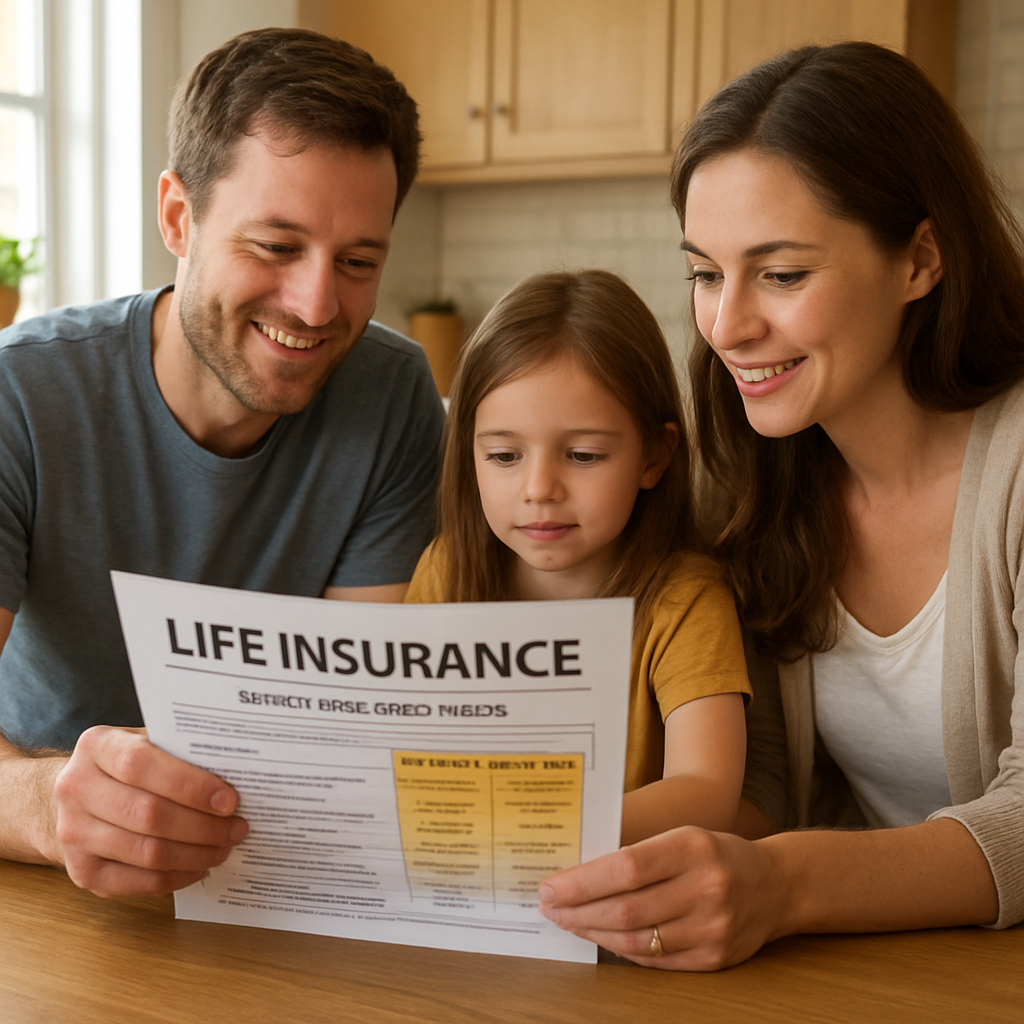 A photorealistic scene of a family sitting at a kitchen table, reviewing life‑insurance paperwork with a highlighted column showing reduced rider costs, natural lighting, realistic style, appealing to families and small‑business owners seeking affordable long‑term care coverage. Alt: Detailed view of life insurance with long term care rider cost savings chart.