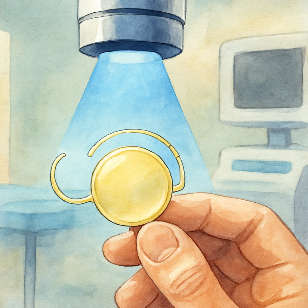 A close‑up illustration of a light‑adjustable intraocular lens being exposed to UV light in a clinic setting. Alt: Light adjustable lens adjustment process illustration.