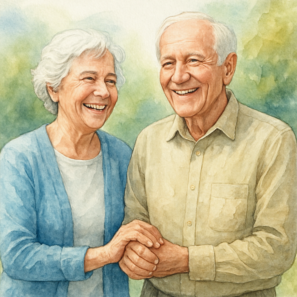 A senior couple smiling outdoors, holding hands, both clearly seeing the world without glasses. Alt: Real‑world patient experience with light adjustable lens, showing clear vision after post‑op adjustments.