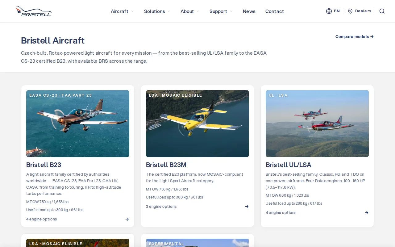 Screenshot of the Bristell RG website