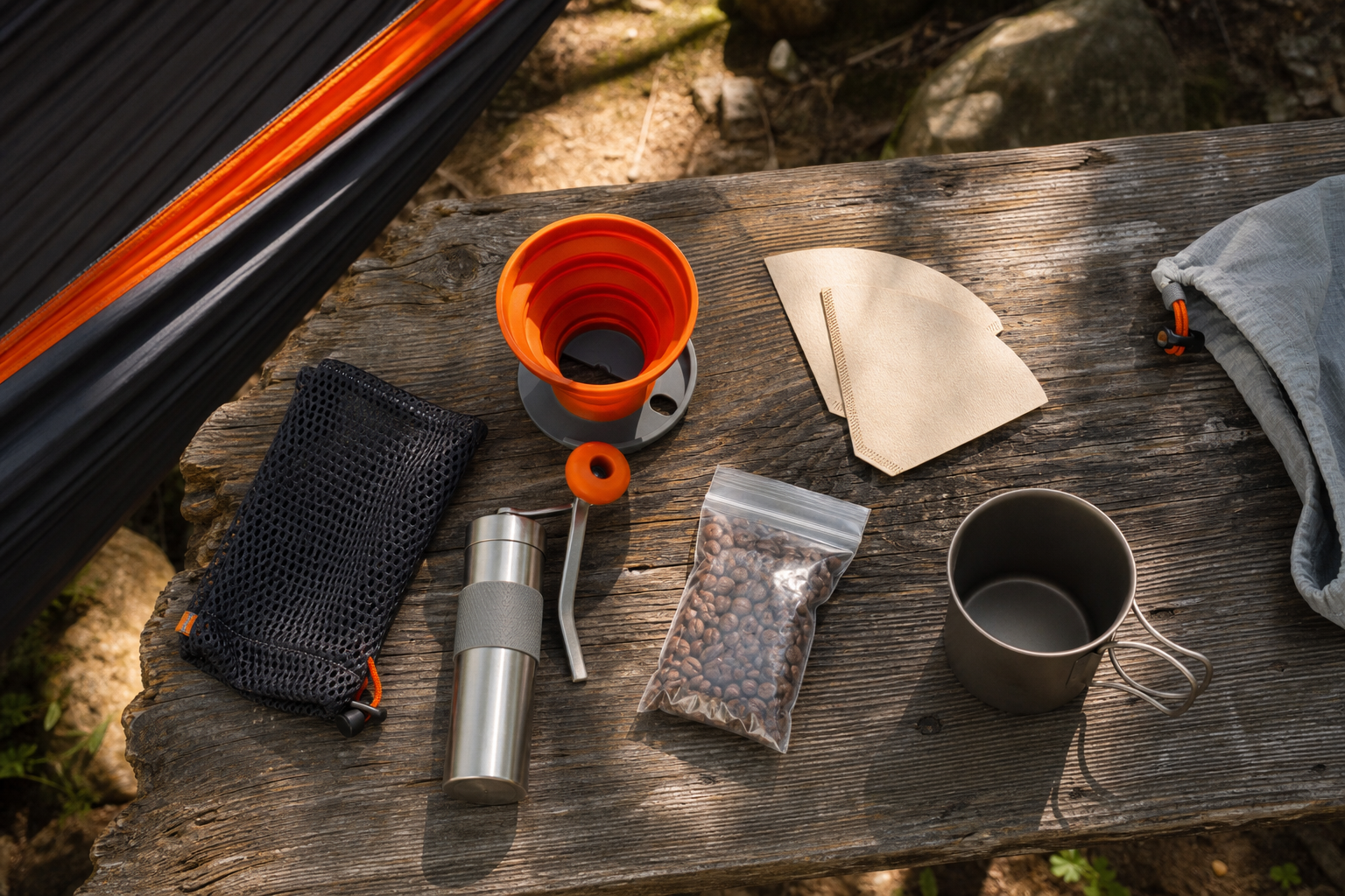 A flat-lay overhead photo of a lightweight hammock camping coffee kit laid out on a wooden picnic table outdoors, including a compact pour-over dripper, a manual grinder, a small bag of coffee beans, paper filters, and a titanium cup, warm natural sunlight. Alt: hammock traveler lightweight coffee kit laid out for packing checklist.