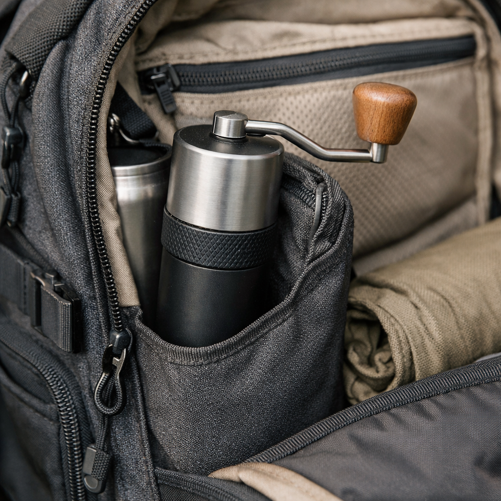 A realistic photo of a compact coffee grinder nestled inside a backpack pocket, showing its slim profile and lightweight design. Alt: compact lightweight coffee grinder for travel inside backpack