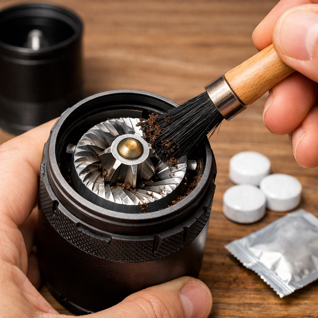 A realistic close‑up of a coffee grinder’s burrs being brushed clean, with a small brush and cleaning tablets nearby. Alt: cleaning a lightweight coffee grinder for travel