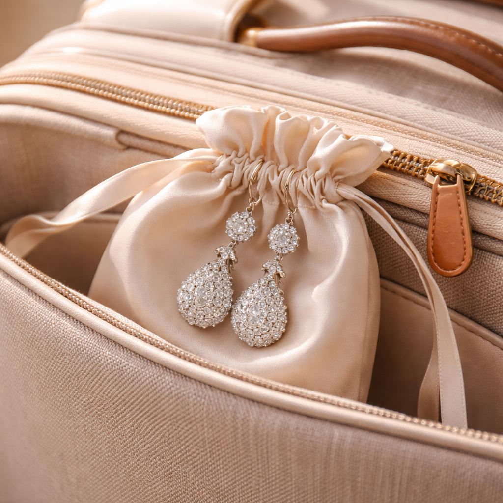 A photorealistic close‑up of lightweight diamond veneer earrings placed inside a silk pouch, sitting in the front pocket of a stylish carry‑on suitcase, soft natural light highlighting the sparkle. Alt: lightweight diamond veneer earrings for travel safely packed in a silk pouch inside a carry‑on.