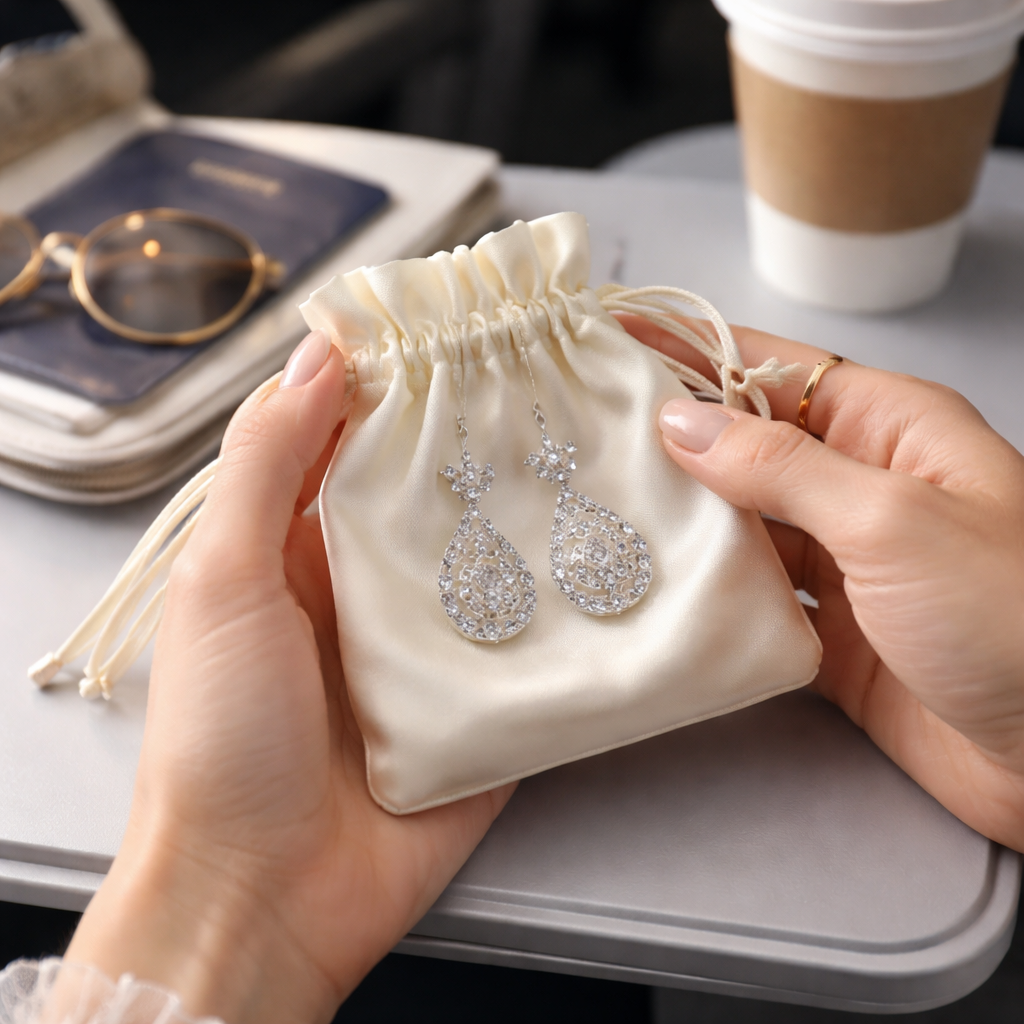 A photorealistic close‑up of a woman’s hand holding a silk pouch with lightweight diamond veneer earrings, the earrings glinting softly as the hand rests on an airport seat tray. Alt: lightweight diamond veneer earrings for travel care and maintenance.