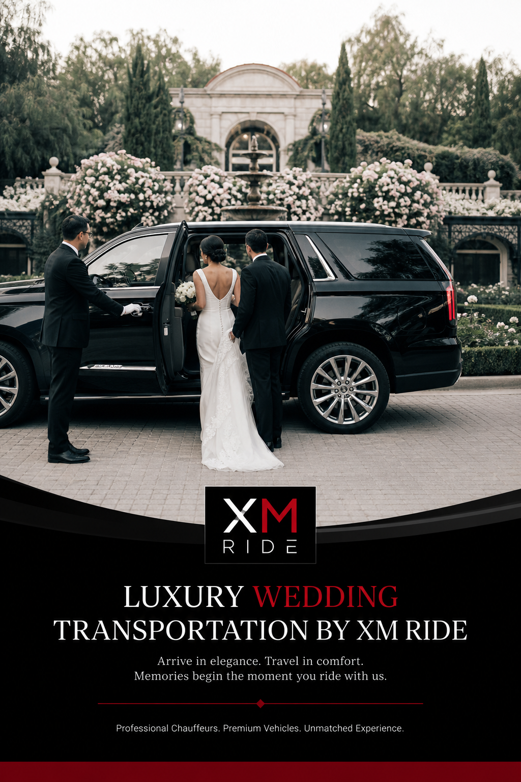 A photorealistic scene of a wedding couple exiting a venue, stepping into a sleek black luxury SUV with a professional chauffeur holding the door, in front of an elegant garden. Alt: Luxury wedding transportation by XM Ride