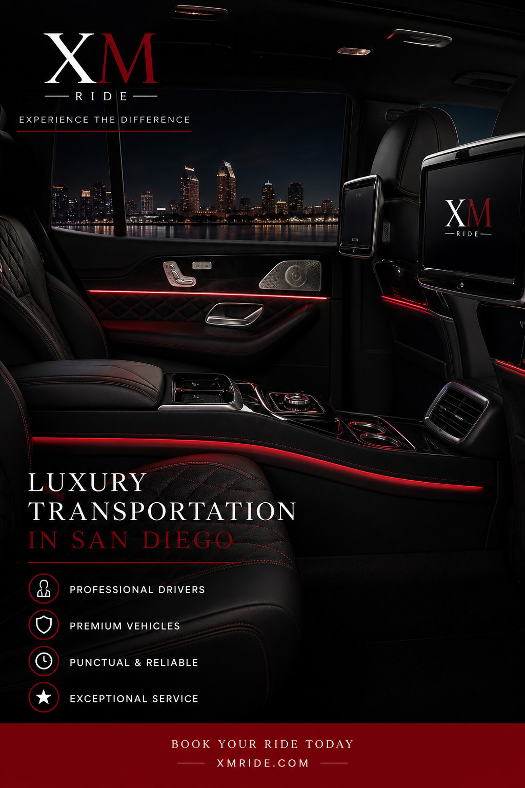 A cinematic close‑up of a luxurious SUV interior with ambient lighting. Alt: luxury SUV interior for limo rental san diego