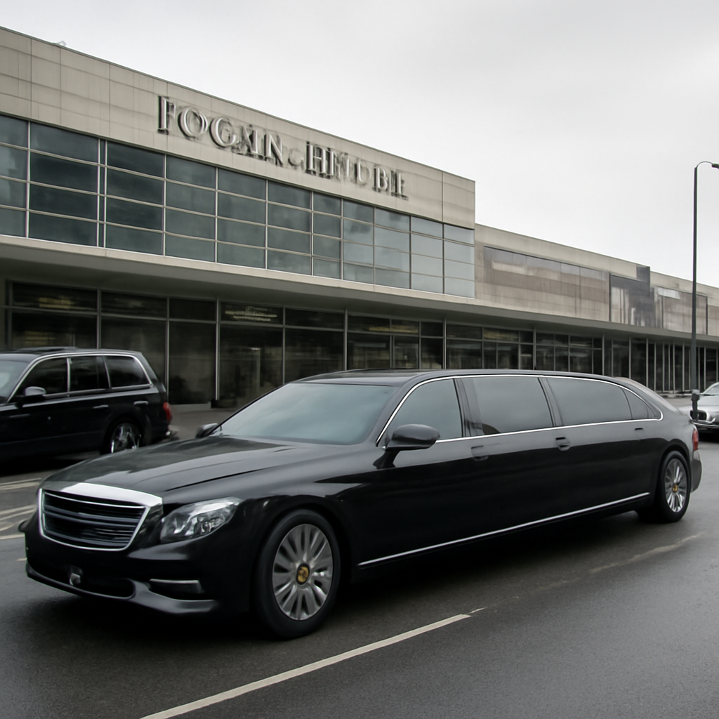A sleek black limousine parked outside Logan Airport with the terminal visible in the background. Alt: Limo at Logan Airport for a smooth travel experience.