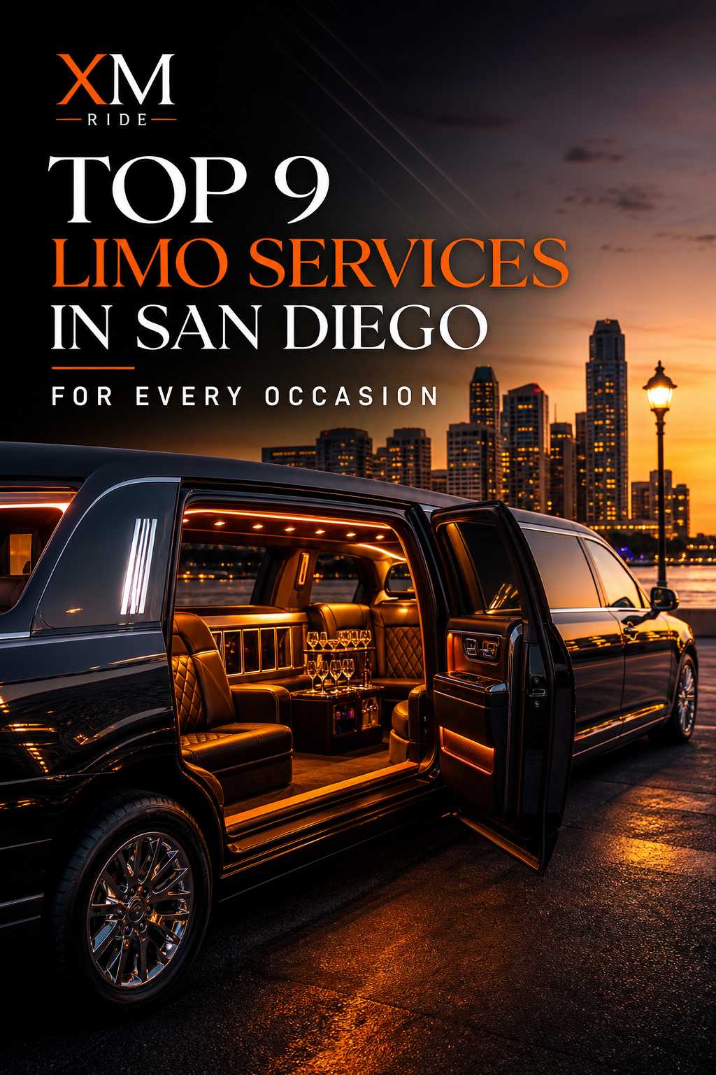 A cinematic view of a polished stretch limousine parked beside the San Diego skyline at dusk, soft street lights reflecting off the chrome, interior lights glowing warm, showing plush leather seats and a minibar. Alt: high‑end stretch limo San Diego luxury ride