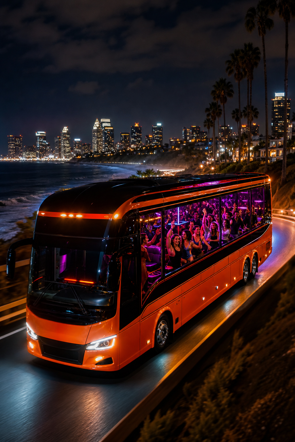 A cinematic night‑time scene of a bright orange party bus cruising along the Pacific coastline, interior filled with colorful LED strips, a dance floor and a portable sound system. Alt: party bus San Diego nightlife