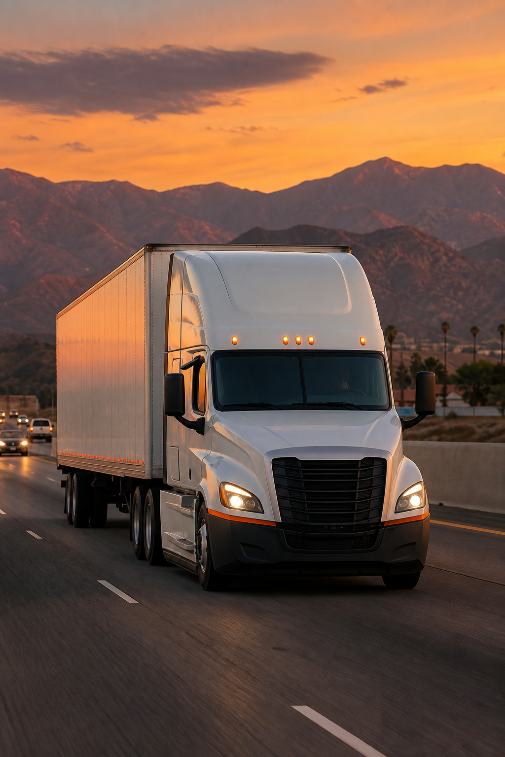 A photorealistic scene of a FedEx linehaul semi-truck on a Southern California freeway at dusk, with warm orange and amber lighting reflecting off the cab, mountains visible in the background. Alt: FedEx linehaul truck on Inland Empire freeway at sunset