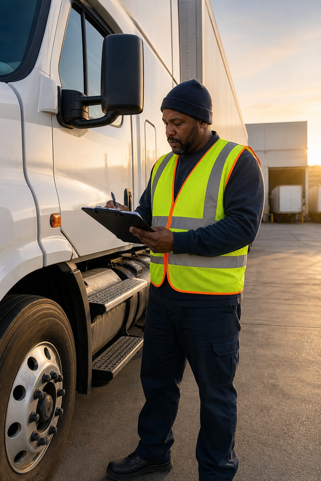 A photorealistic image of a professional truck driver in a cab checking a pre-trip inspection checklist with a clipboard, wearing a high-visibility vest, parked at a distribution center in warm morning light. Alt: CDL-A truck driver conducting pre-trip safety inspection at Inland Empire distribution center