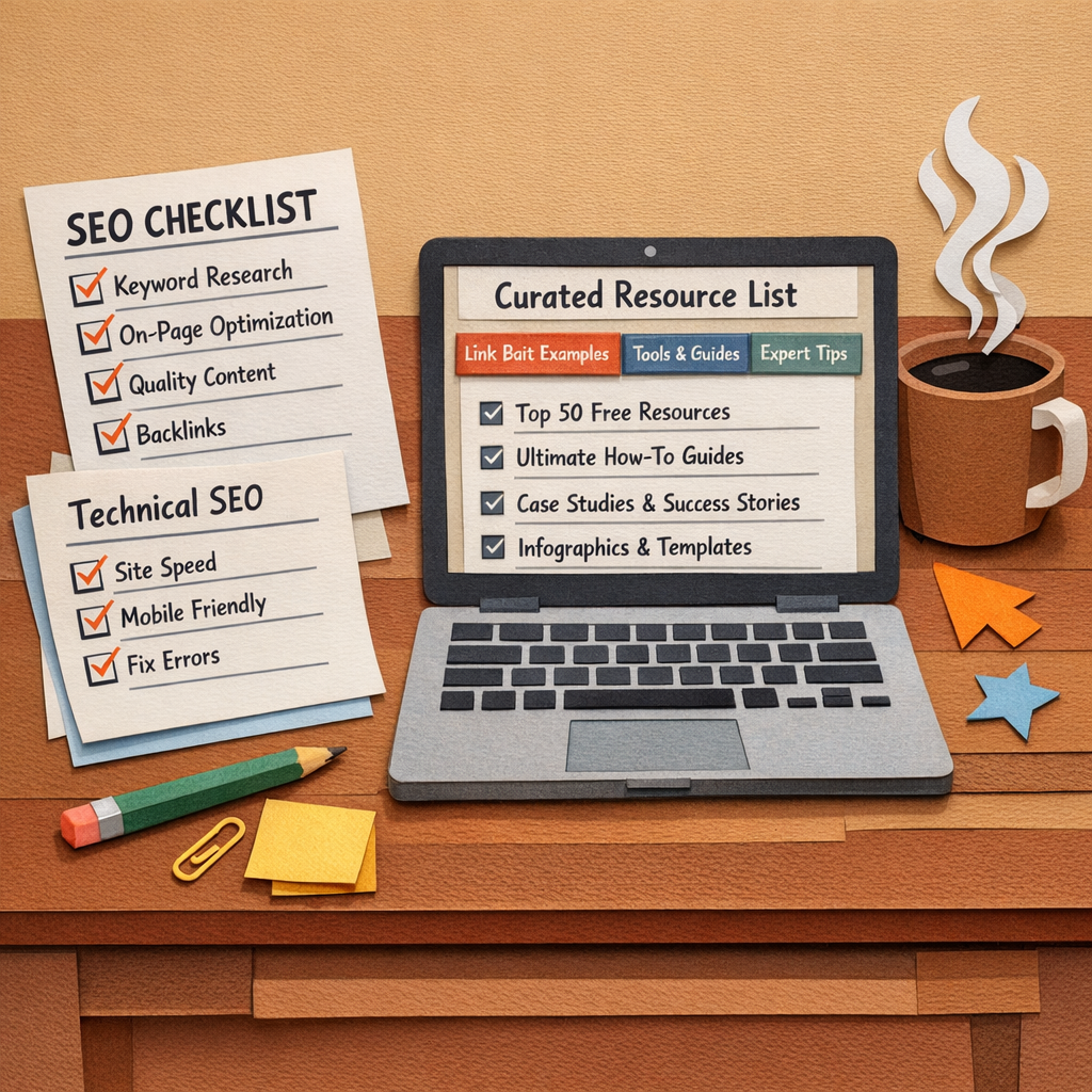 A papercraft illustration of a desk with printed SEO checklists, a laptop displaying a resource list, and a coffee mug, Alt: link bait examples curated resource list