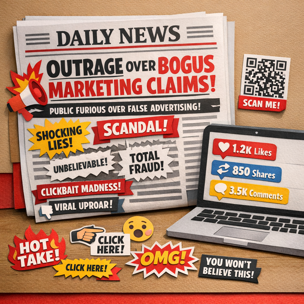 A Papercraft illustration of a bold newspaper headline about a controversial marketing claim, a QR‑code sticker on the side, and a laptop showing social shares. Alt: link bait examples with hot takes and printable stickers