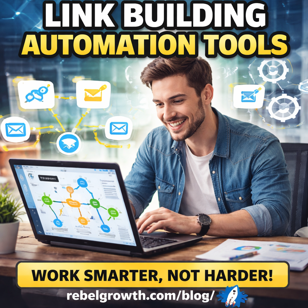 A modern digital marketer working at a laptop with charts and an automated workflow screen, Alt: link building automation tools workflow illustration.