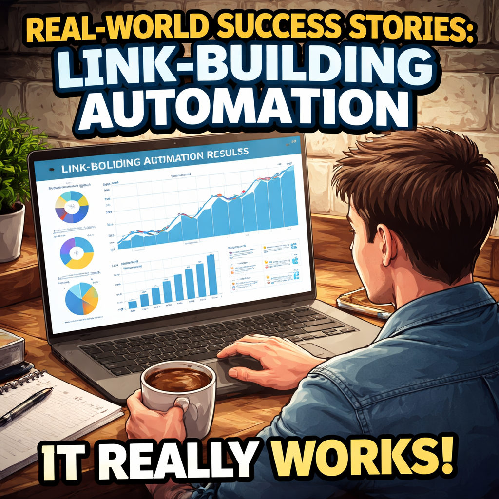 An illustration of a marketer reviewing a dashboard of link‑building automation results, with charts showing rising traffic and a coffee mug beside the laptop. Alt: Real‑world success stories with link building automation tools