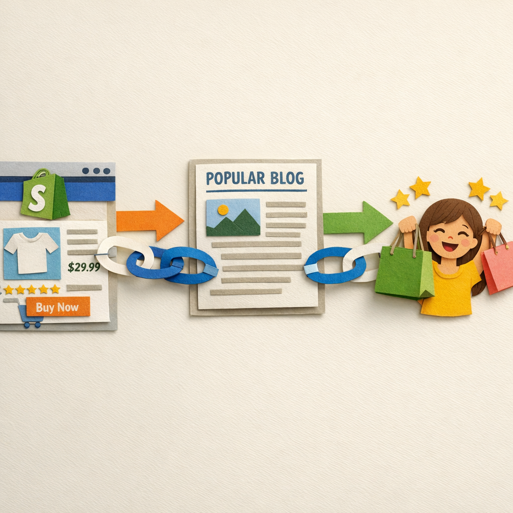 A Papercraft illustration of paper links connecting a Shopify product page to a popular blog, with arrows showing traffic flow and a happy shopper at the end. Alt: link building for ecommerce illustration.