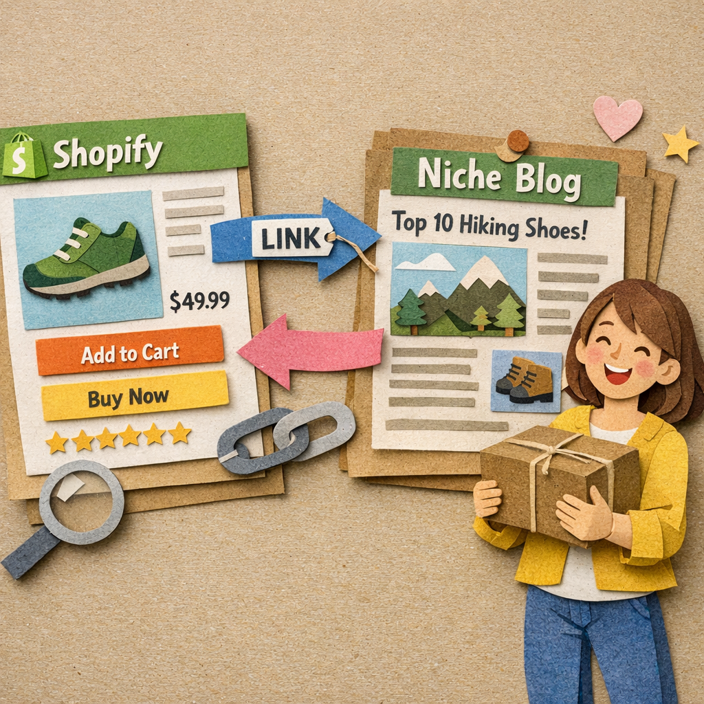 A Papercraft illustration showing a Shopify product page linked to a niche blog article, with paper arrows and a happy shopper holding a package. Alt: link building for ecommerce illustration.