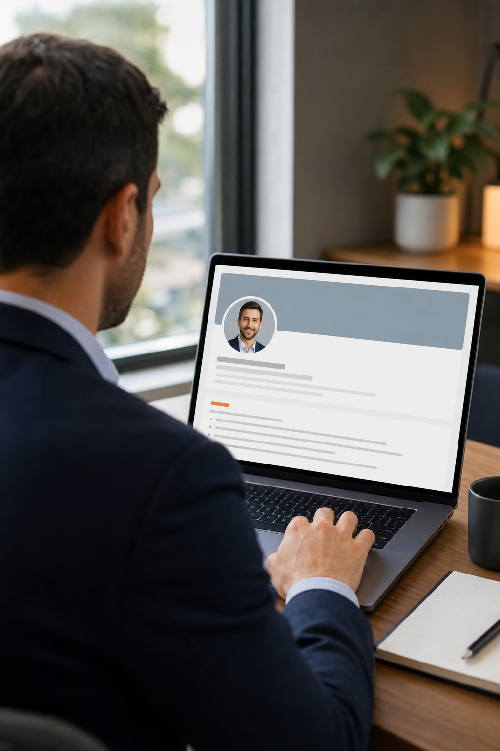 A photorealistic portrait of a professional person with a clean LinkedIn profile open on a laptop, showing a headline and summary section. Alt: Professional LinkedIn profile optimization for B2B lead generation.