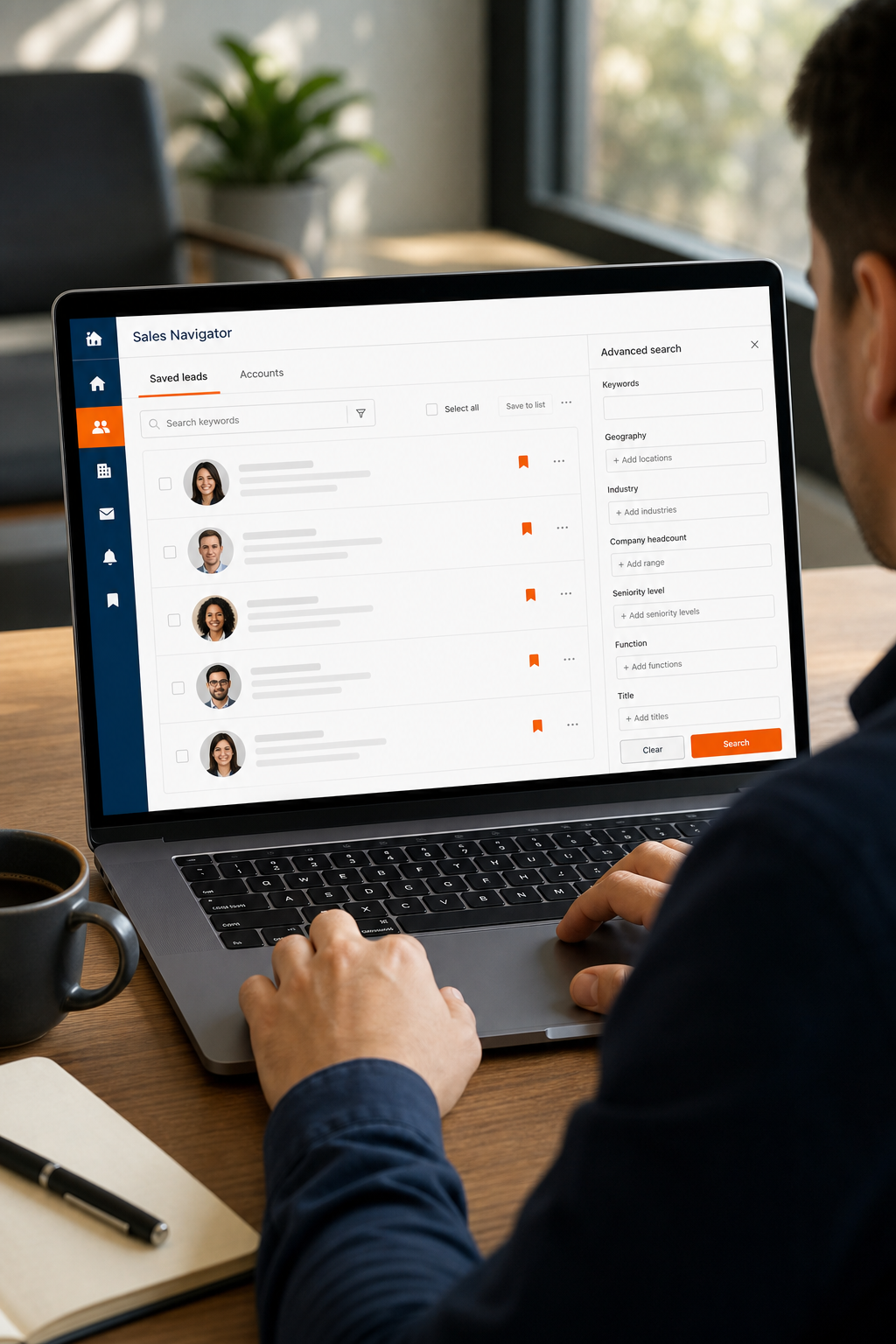 A dashboard view of LinkedIn Sales Navigator showing saved leads and advanced search filters. Alt: LinkedIn Sales Navigator interface for targeted B2B lead generation.