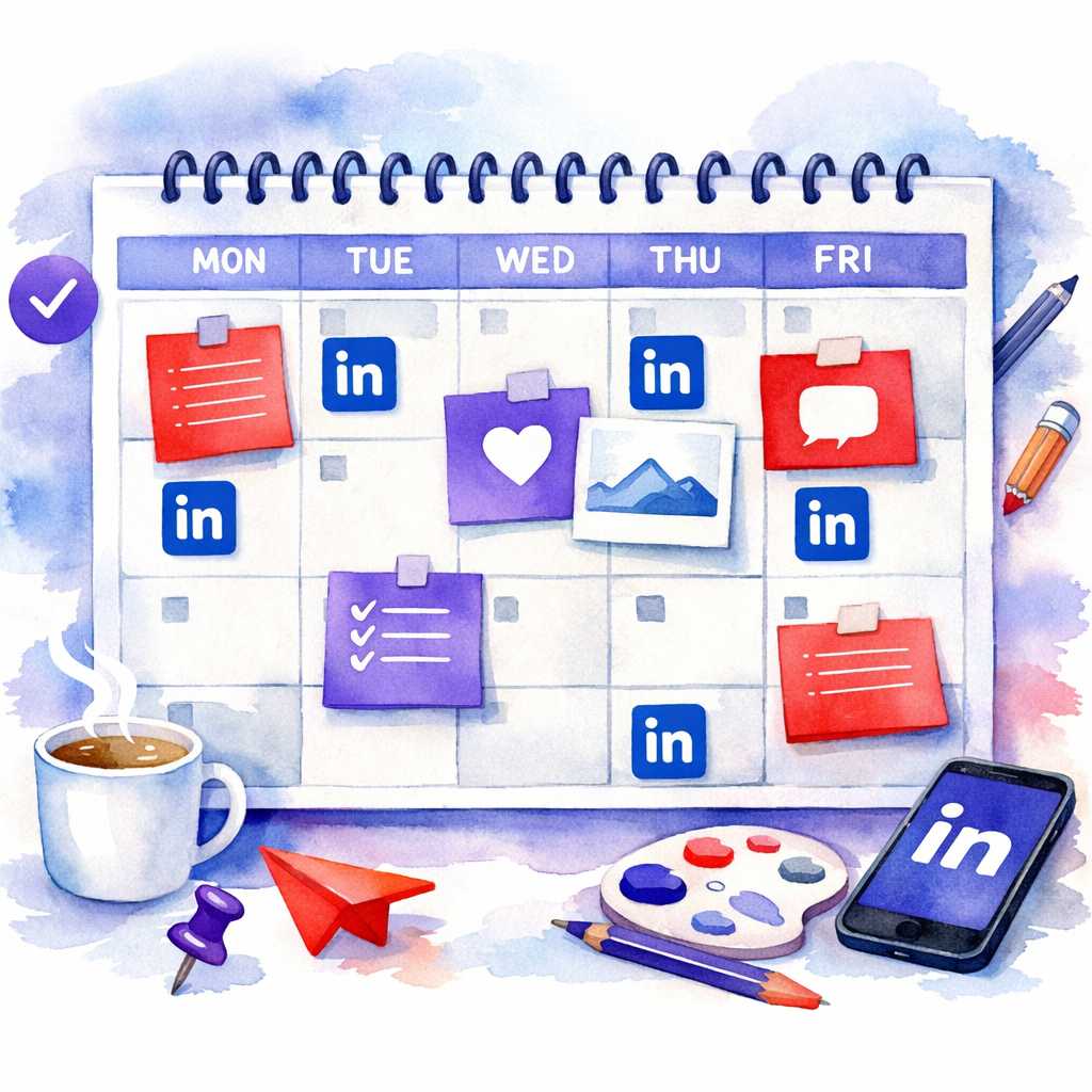 A watercolor style illustration of a calendar with LinkedIn icons and colorful post cards, Alt: visual LinkedIn post scheduler calendar