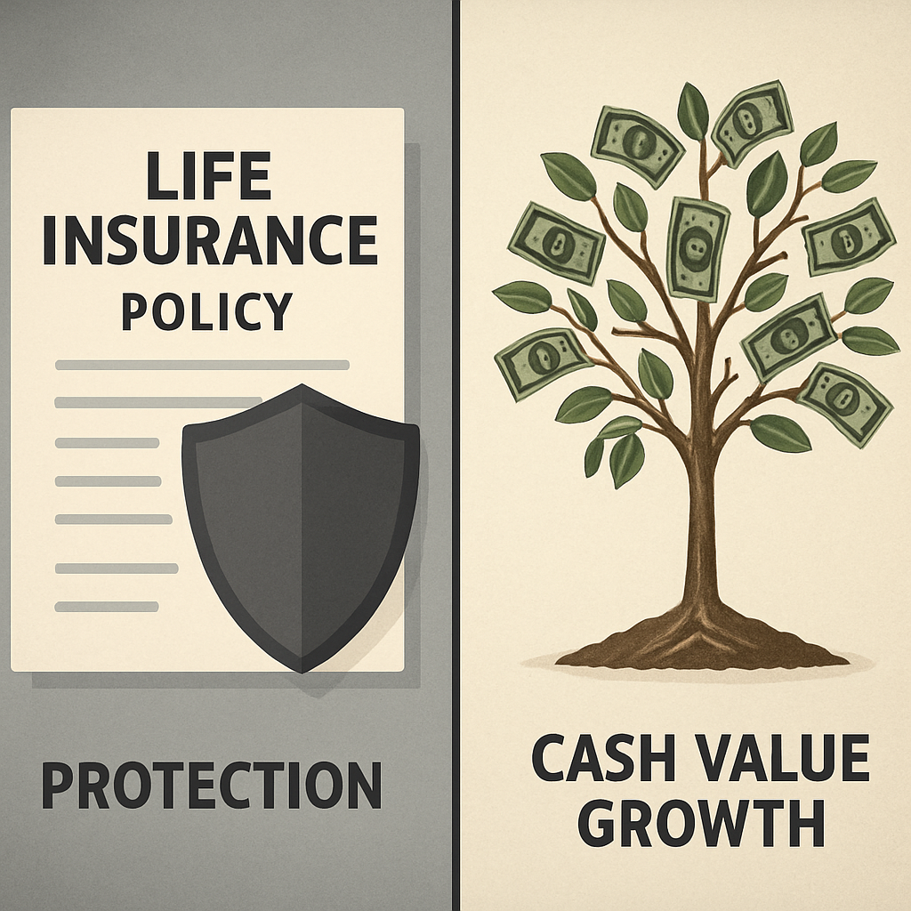 A split-screen illustration showing a life‑insurance policy on one side with a shield icon for protection, and a growing tree of cash‑value on the other side, representing tax‑deferred growth and policy loans. Alt: Diagram of LIRP mechanics showing protection and cash value growth.