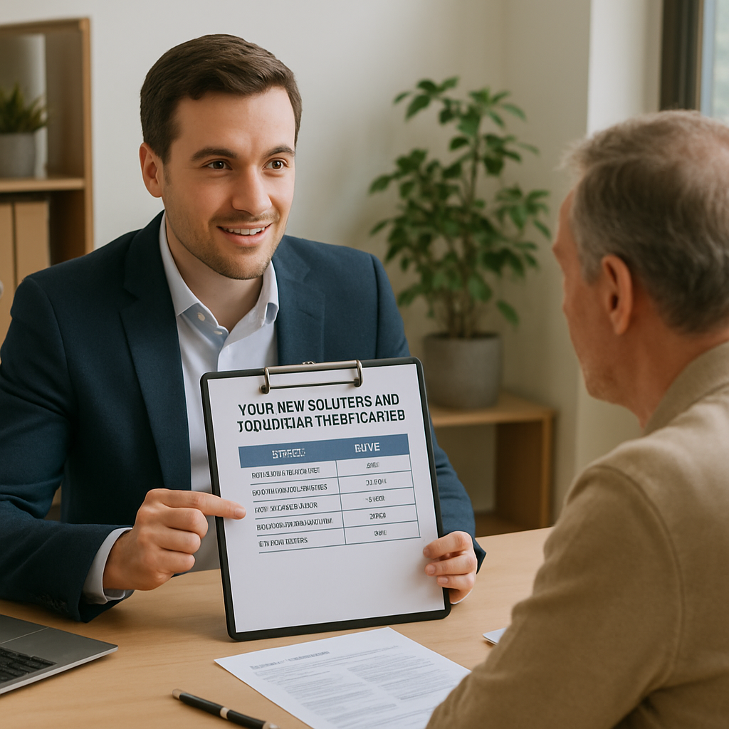 A calm office setting with a financial advisor showing a client a side‑by‑side tax comparison chart of a Roth IRA and an LIRP. Alt: Tax implications and benefits of LIRP vs Roth IRA