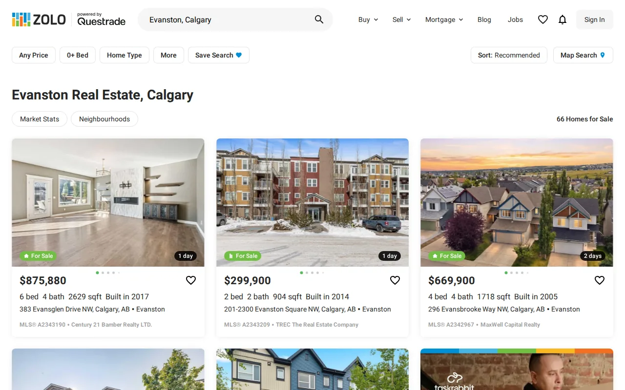 Screenshot of the Zolo.ca website