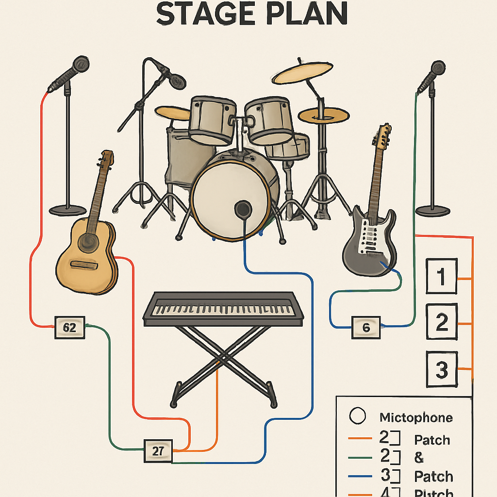 A detailed stage plan showing microphones, instruments and patch cables, with a clear legend. Alt: diagram of concert audio patch list