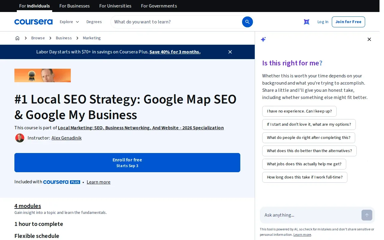 Screenshot of the Budget-friendly self-paced local SEO courses page on coursera.org