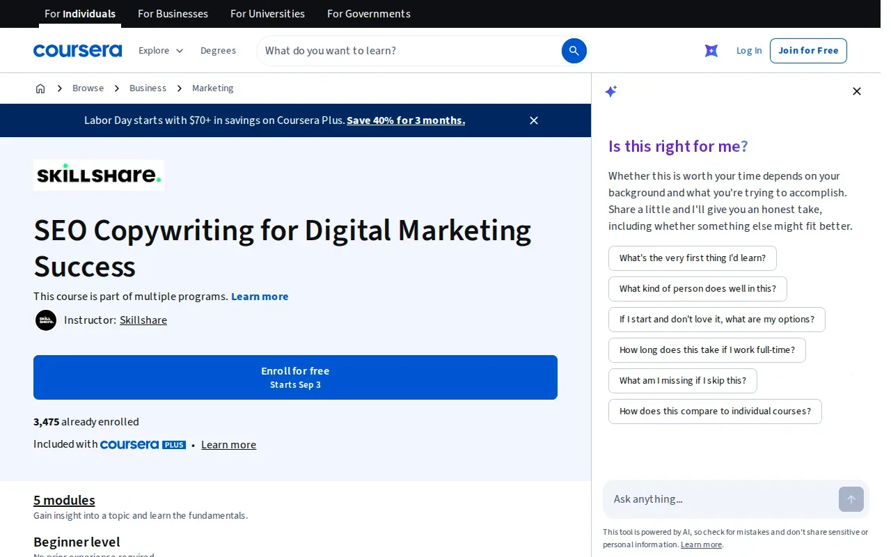 Screenshot of the SEO Copywriting for Digital Marketing Success page on coursera.org