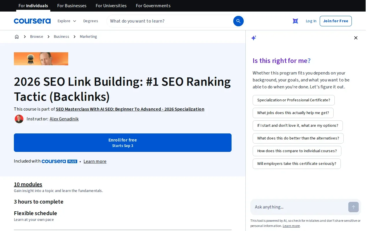 Screenshot of the Content-Led Link Building Courses page on coursera.org