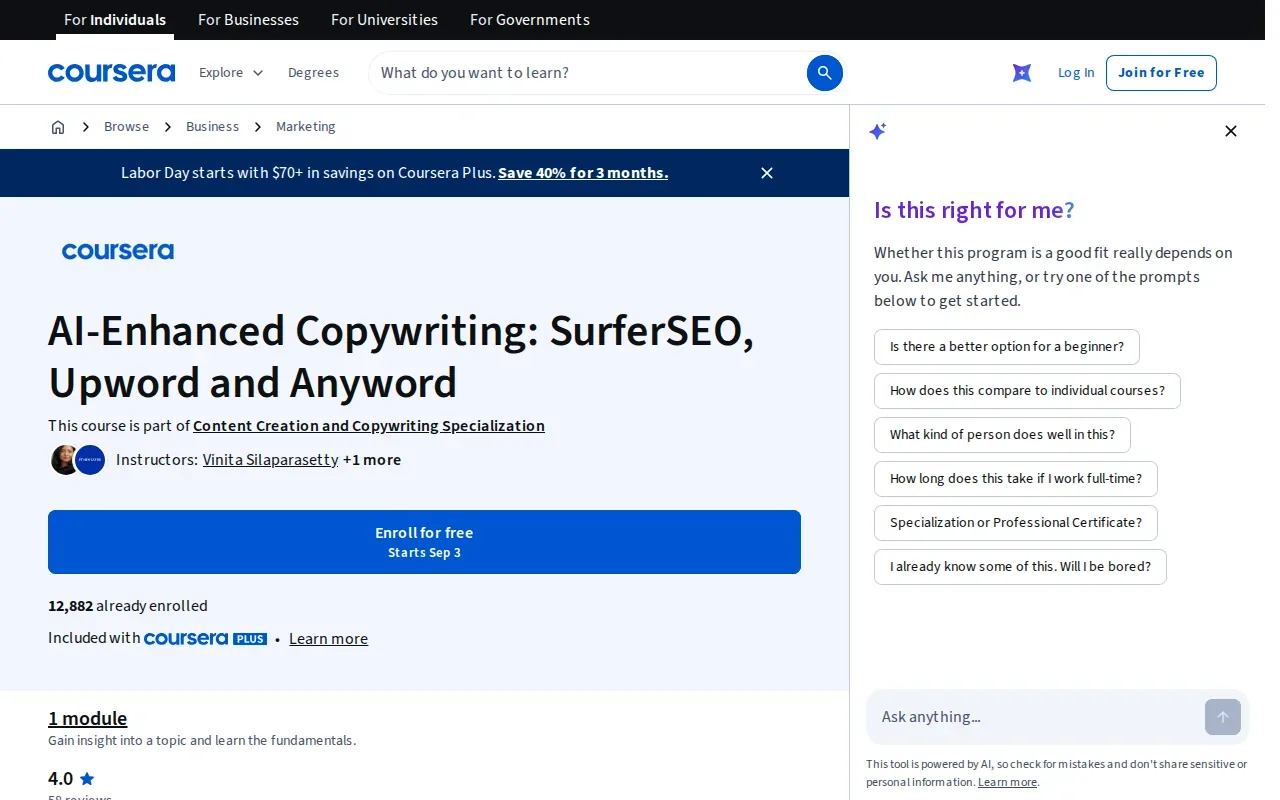 Screenshot of the AI-assisted SEO copywriting courses page on coursera.org