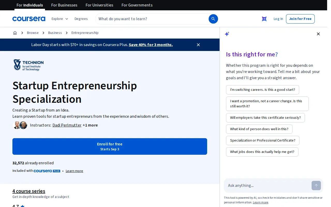 Screenshot of the Startup Entrepreneurship Specialization page on coursera.org