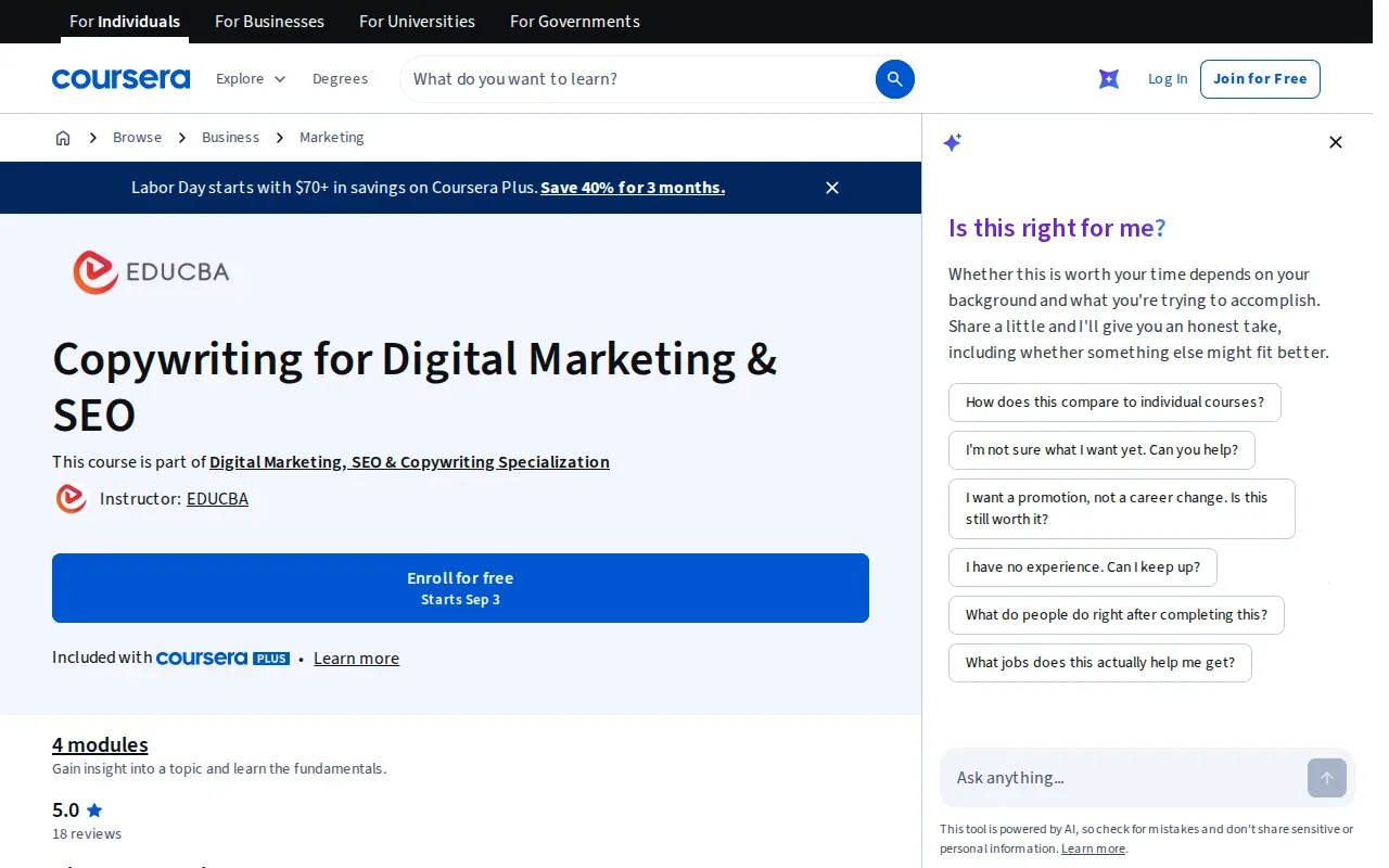 Screenshot of the Advanced SEO copywriting programs page on coursera.org