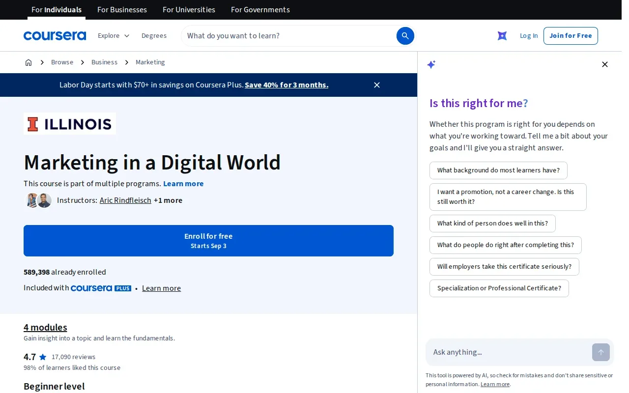 Screenshot of the Marketing in a Digital World page on coursera.org