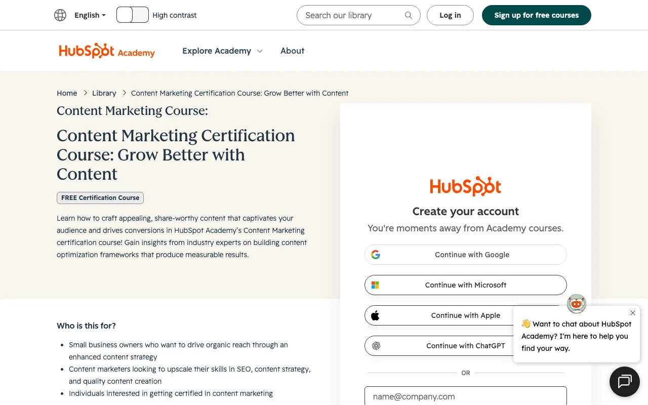 Screenshot of the Content Marketing Certification by HubSpot Academy website