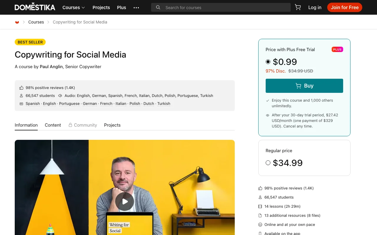 Screenshot of the Copywriting for Social Media by Domestika website