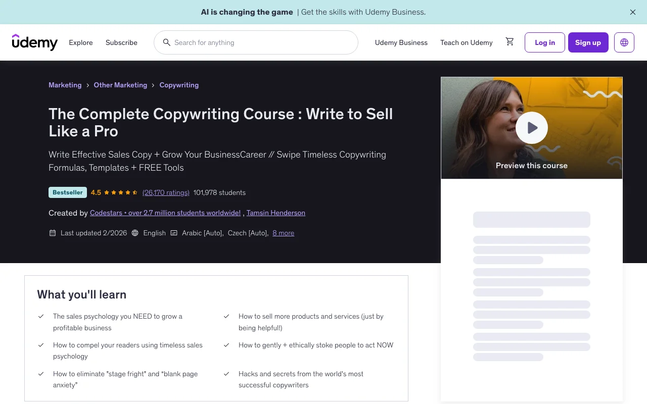 Screenshot of the The Complete Copywriting Course Write to Sell Like a Pro by Udemy website