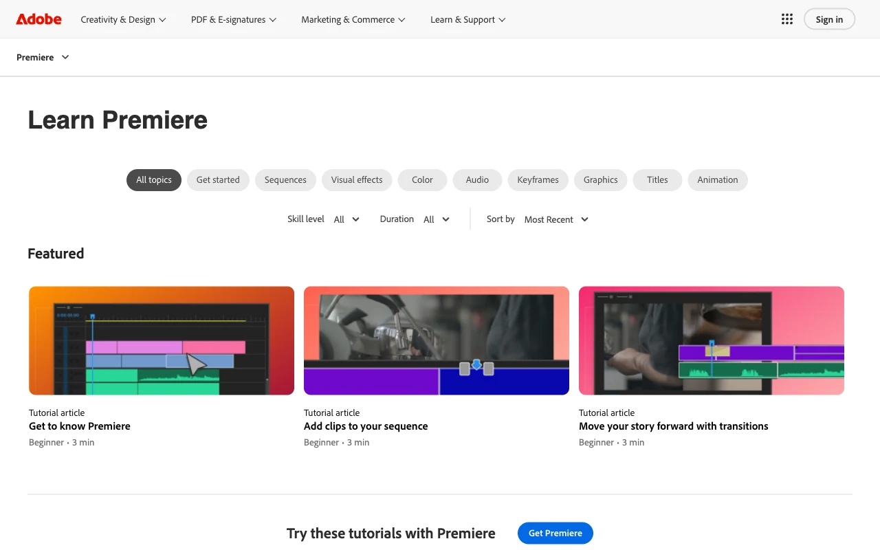 Screenshot of Adobe Learn Premiere Pro tutorials