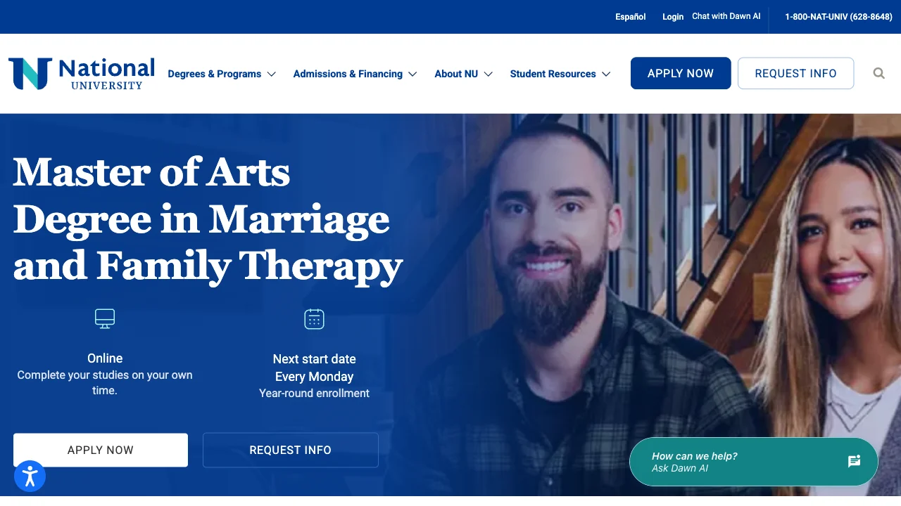 Screenshot of the National University MA in Marriage and Family Therapy website