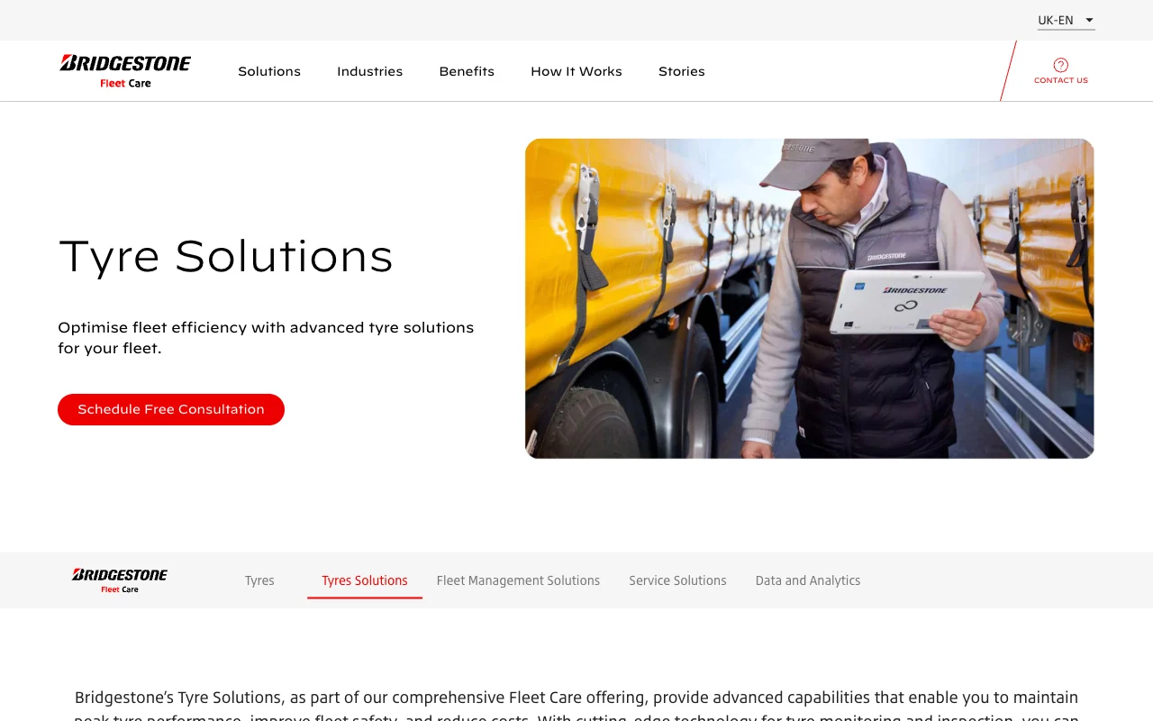 Screenshot of the Bridgestone Fleet Care tyre solutions website