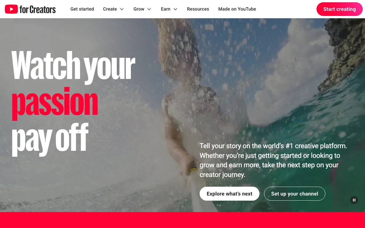 Screenshot of the YouTube for Creators website
