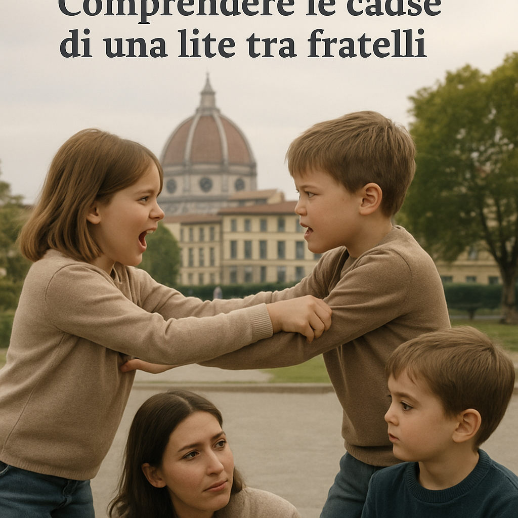 A child and a parent observing a playful conflict between siblings, with calm colors, illustrating the concept of understanding the roots of a fight. Alt: Children learning to manage sibling conflict.