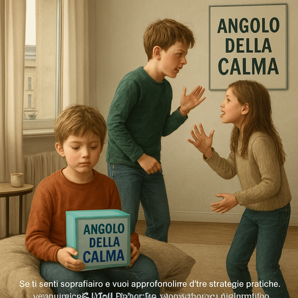 A child holding a calm box while two siblings argue, illustrating how a calm corner can defuse tension. Alt: calm corner example for sibling conflict