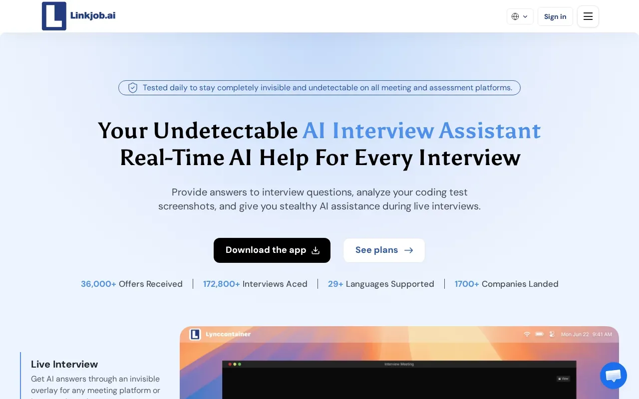 Screenshot of the Linkjob AI website