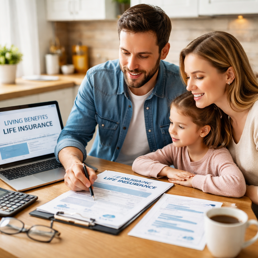 A photorealistic scene of a family at a kitchen table, reviewing a life‑insurance application with a laptop, calculator, and printed policy documents. Alt: family reviewing living benefits life insurance application.
