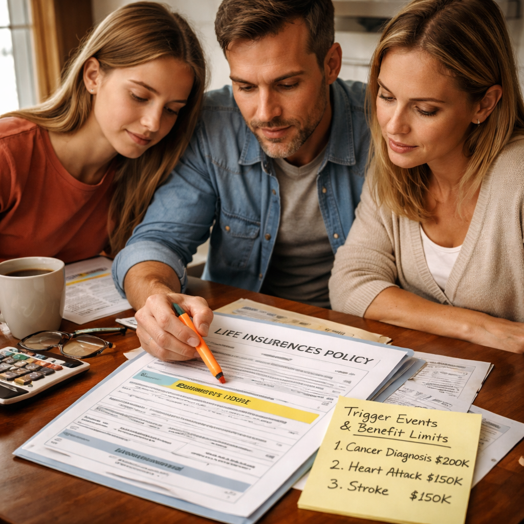 A photorealistic scene of a family sitting at a kitchen table, spreading out a life insurance policy booklet and highlighting the living‑benefits rider section. Realistic lighting, warm tones, showing a note with trigger events and benefit limits. Alt: family reviewing living benefits life insurance cancer diagnosis claim process checklist.