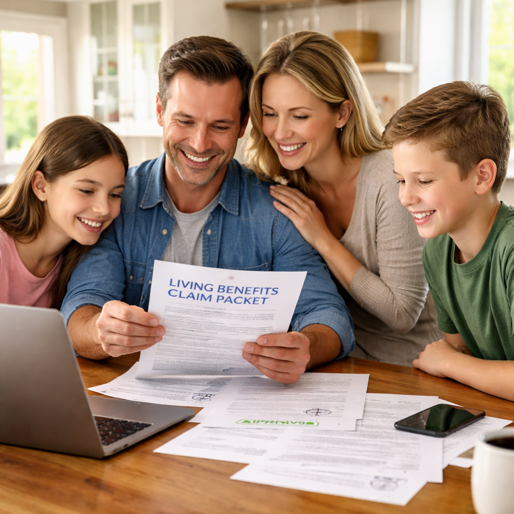 A photorealistic scene of a family gathered at a kitchen table, reviewing a completed living benefits claim packet with a laptop and printed documents, soft natural light, showing a sense of relief after filing. Alt: living benefits life insurance cancer diagnosis claim process conclusion and next steps.