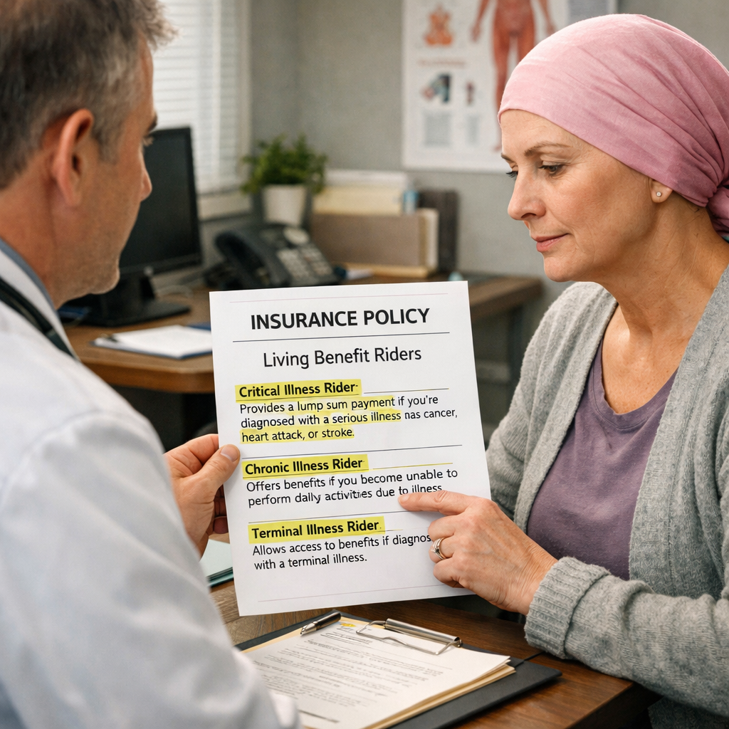 A realistic scene showing a doctor’s office with a patient reviewing a policy document that highlights living‑benefit rider sections. Alt: living benefits life insurance rider explanation for cancer survivors
